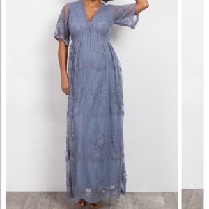 Blue Lace Mesh Overlay Maternity Maxi Dress